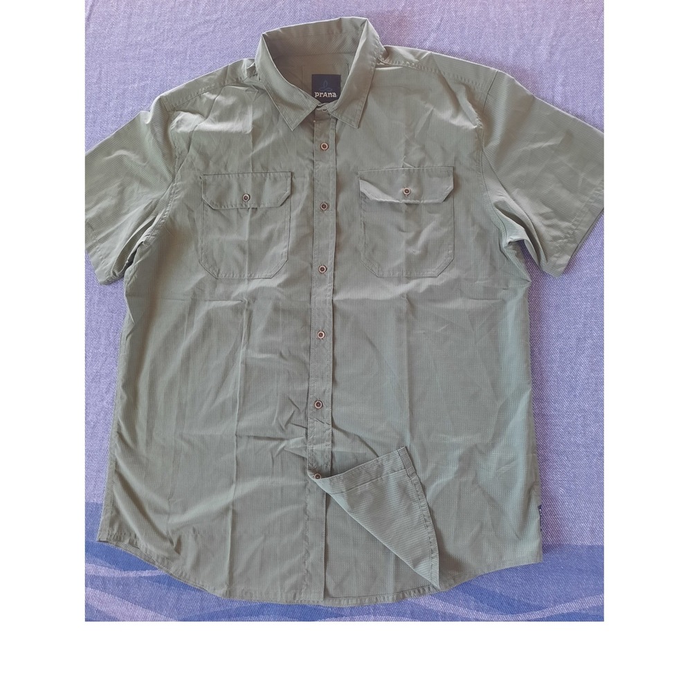 prAna Mens XL Military Green Short Sleeve Button Hiking Travel Mesh Shirt
